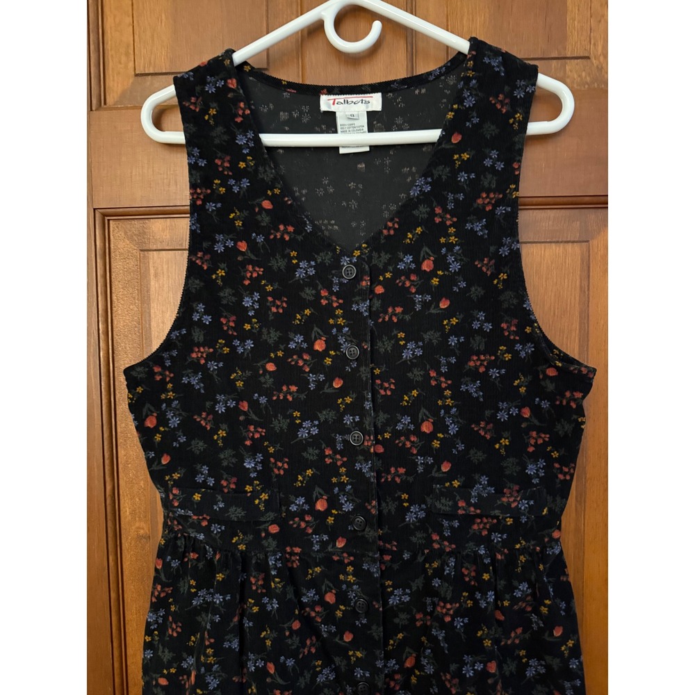 VTG Talbots Dark Floral Corduroy Dress Women Size 8 Black Sleeveless Button-Up